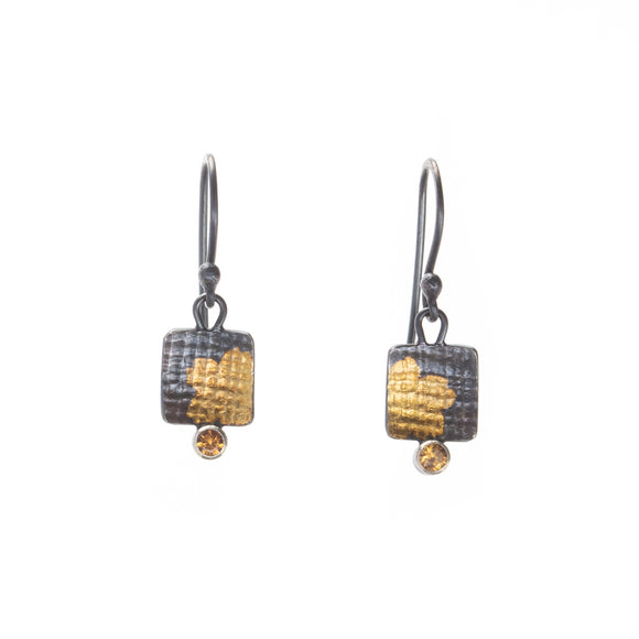 Gold Keum-Boo Square and Saphire Earrings