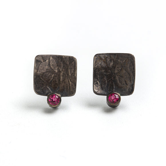 Black Square Studs with Pink Tourmaline