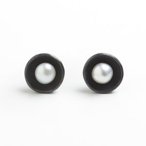 Oxidized Silver Round Studs with Pearl