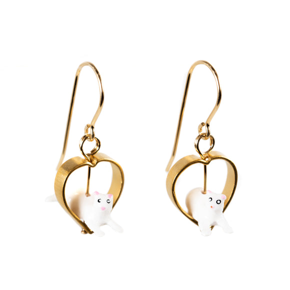 White Cat Earrings in Gold