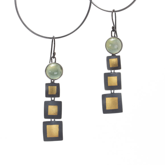 Three Golden Square Earrings with Prehnites