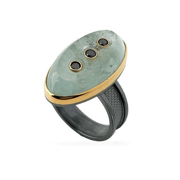 Aquamarine, Black Diamonds Ring