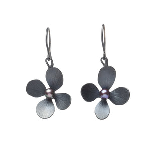 Flower Petal Drop Earrings with Black Pearl
