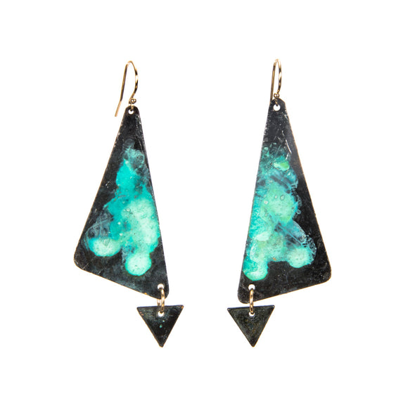 Patinated Double Triangle Earrings green brass gold-fill