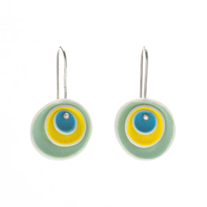 Nested Porcelain Disc Earrings in Blue, Yellow, and Aqua