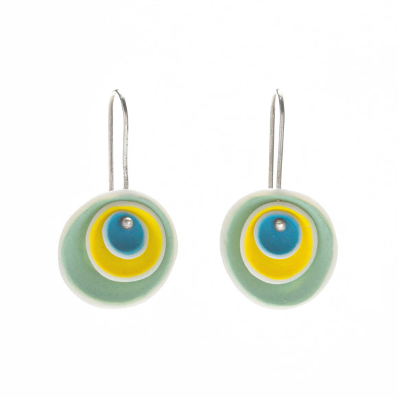 Nested Porcelain Disc Earrings in Blue, Yellow, and Aqua