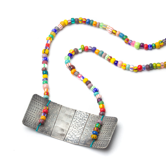 Textured Silver Necklace with Colorful Beads