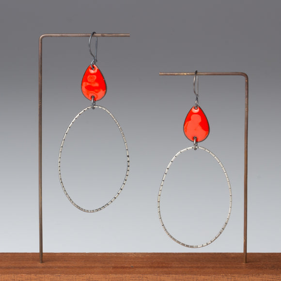 red enamel and textured silver dangle earrings